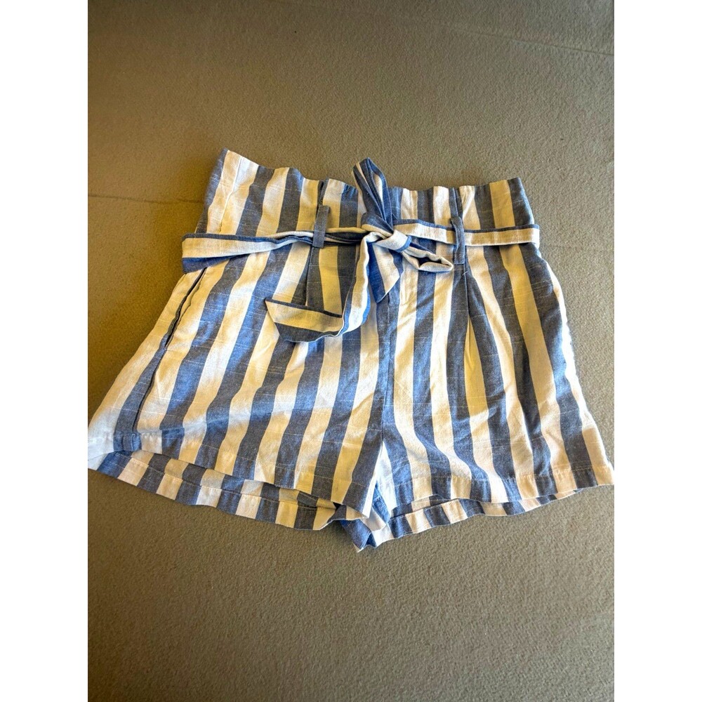 Linen Lux Blue White Striped Linen Woven Paperbag High Rise Tie Belted XS